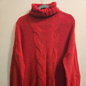 Aerie Red Cableknit Slouchy Baggy Turtleneck Sweater, Cardigan